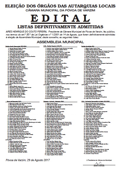 Listas Definitivamente Admitidas para Eleição dos Órgãos das Autarquias Locais 2017