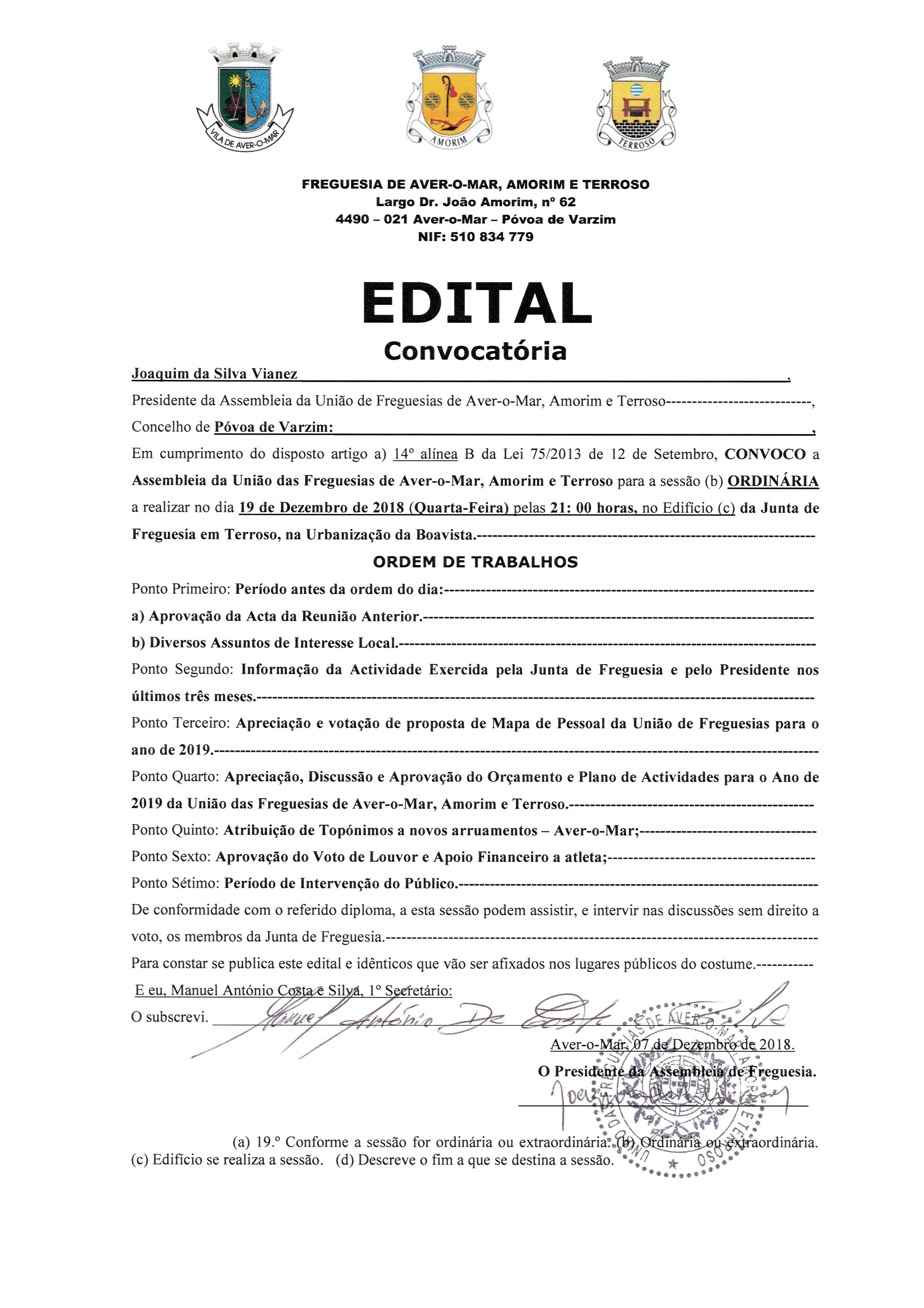 Convocatória – Sessão Ordinária da Assembleia de Freguesia