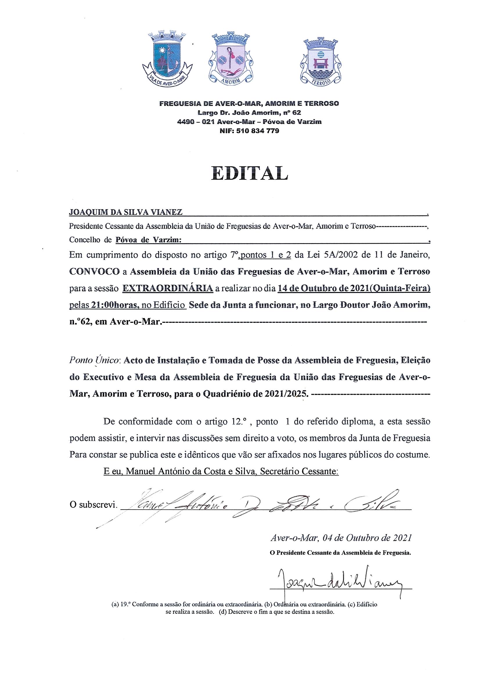 Convocatória – Sessão Extraordinária da Assembleia de Freguesia – Acto da Instalação e Tomada de Posse da Assembleia de Freguesia, Eleição do Executivo e Mesa da Assembleia de Freguesia da União das Freguesias de Aver-o-Mar, Amorim e Terroso para o Quadriénio de 2021/2025