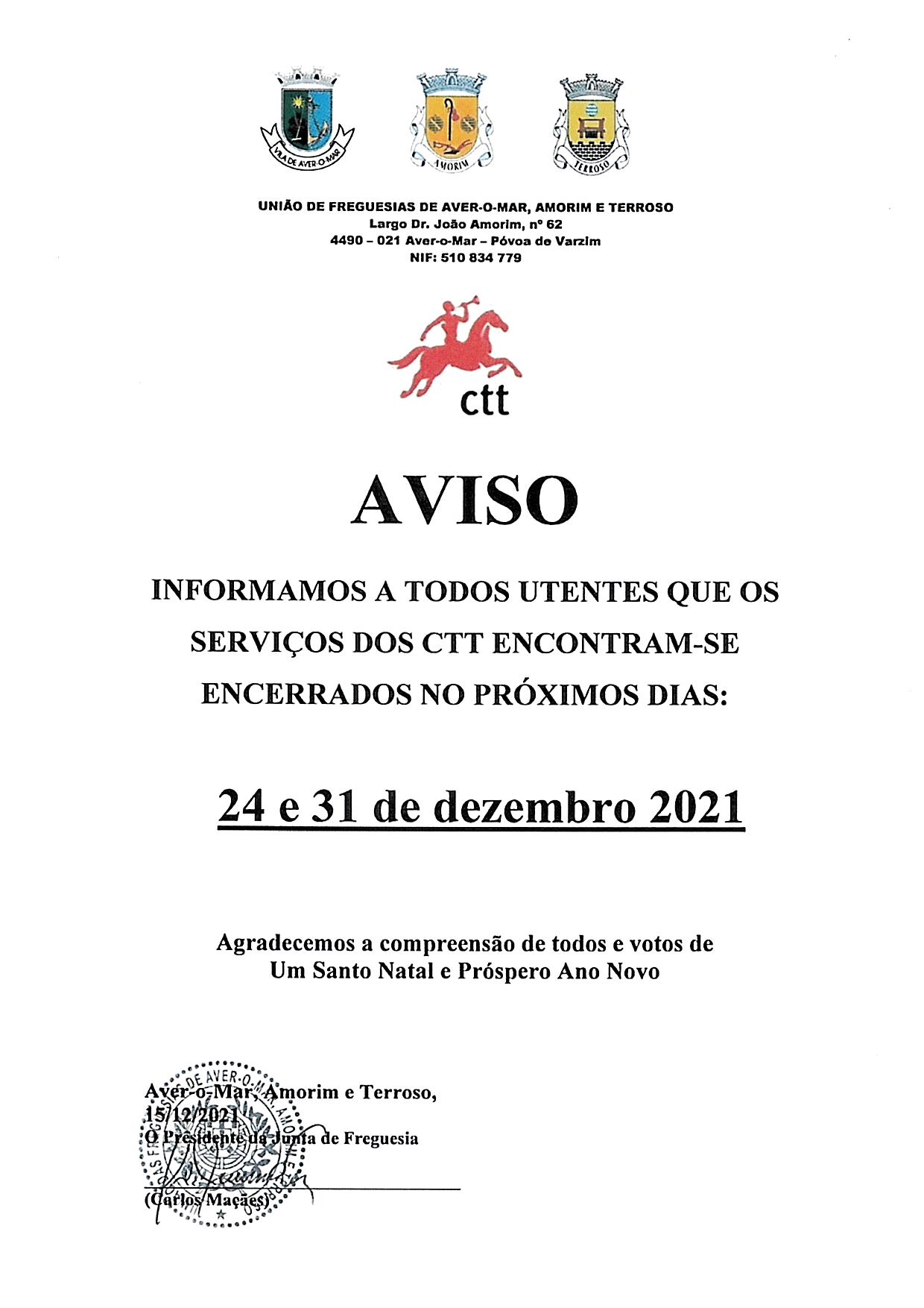 Aviso Encerramento Posto CTT de Amorim