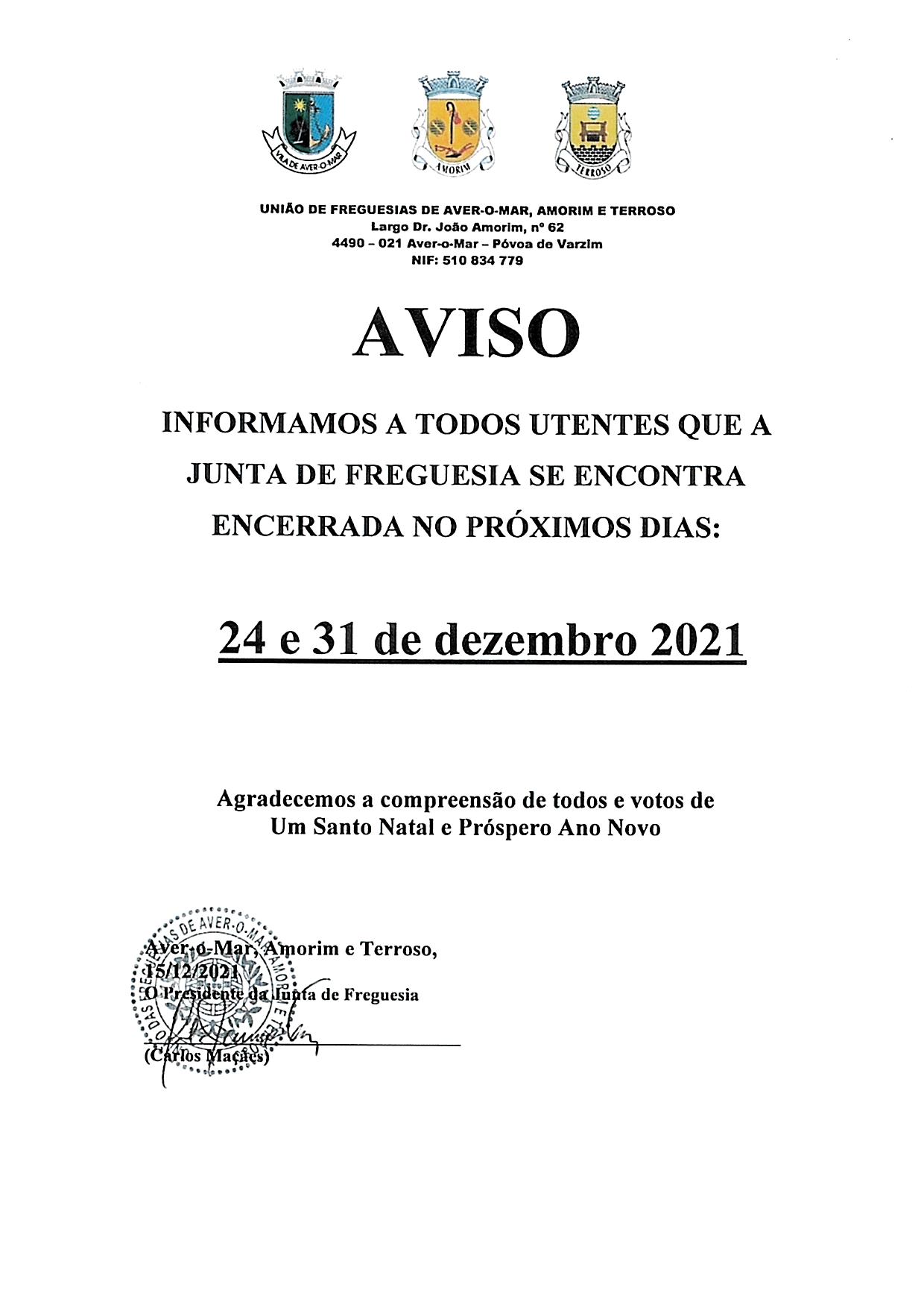 Aviso Encerramento dos Serviços da União de Freguesias AveroMar