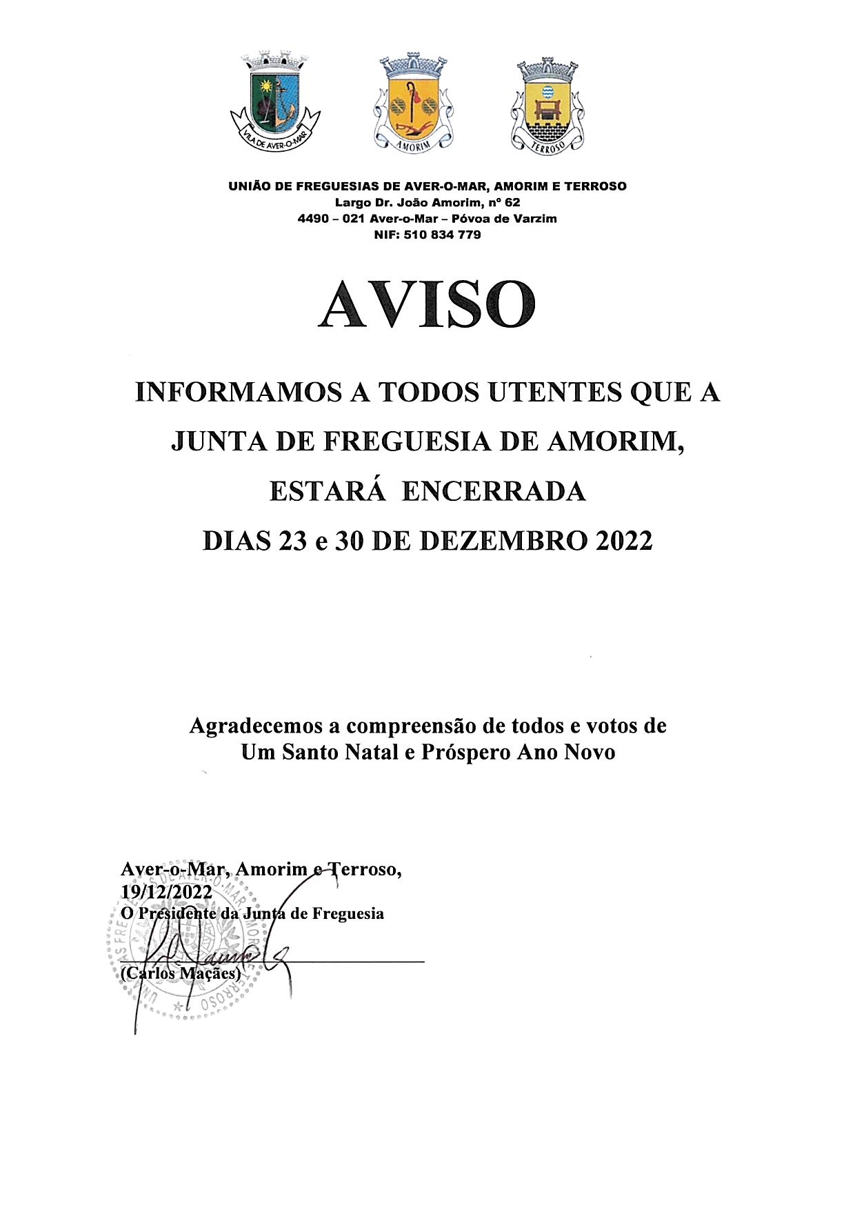 Encerramento da Junta de Freguesia de Amorim nos dias 23 e 30 Dezembro 2022