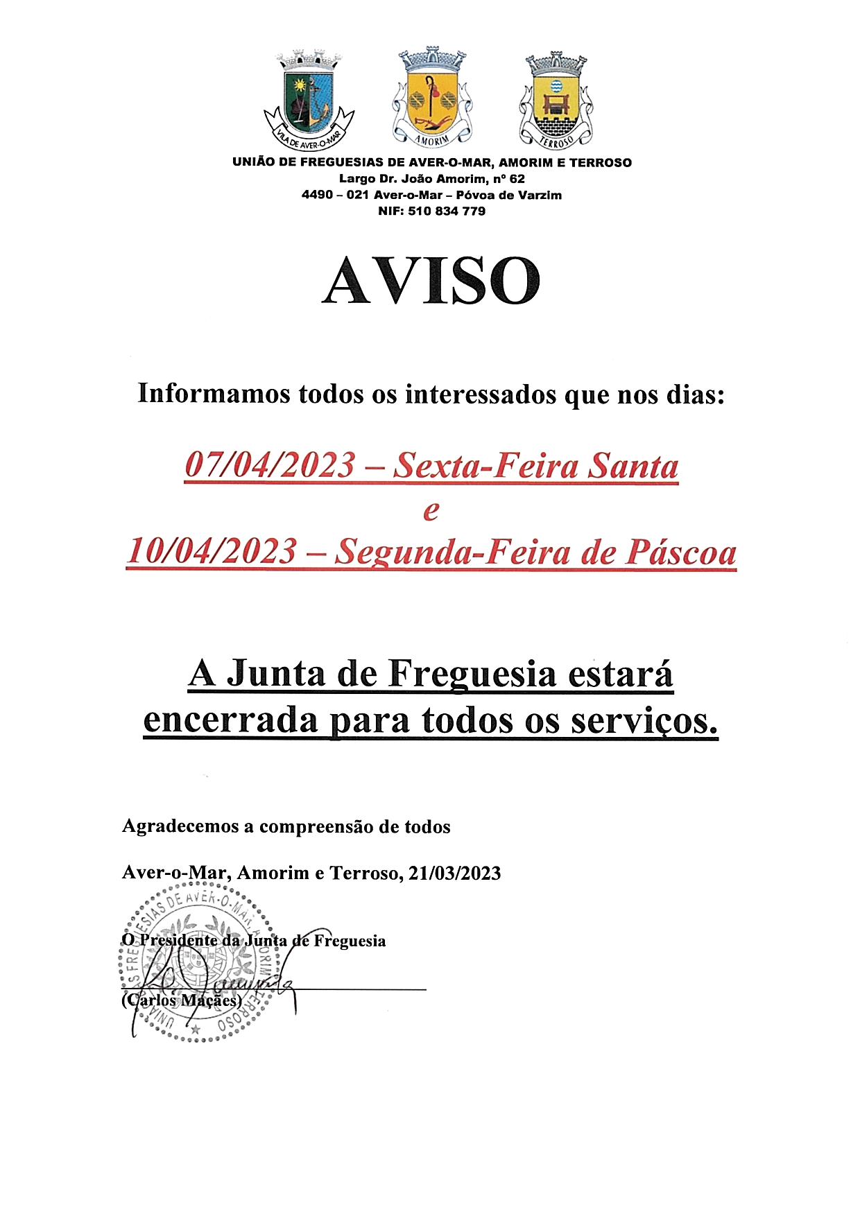 Aviso Encerramento dos Serviços da União de Freguesias Aver-o-Mar, Amorim e Terroso (Páscoa 2023)